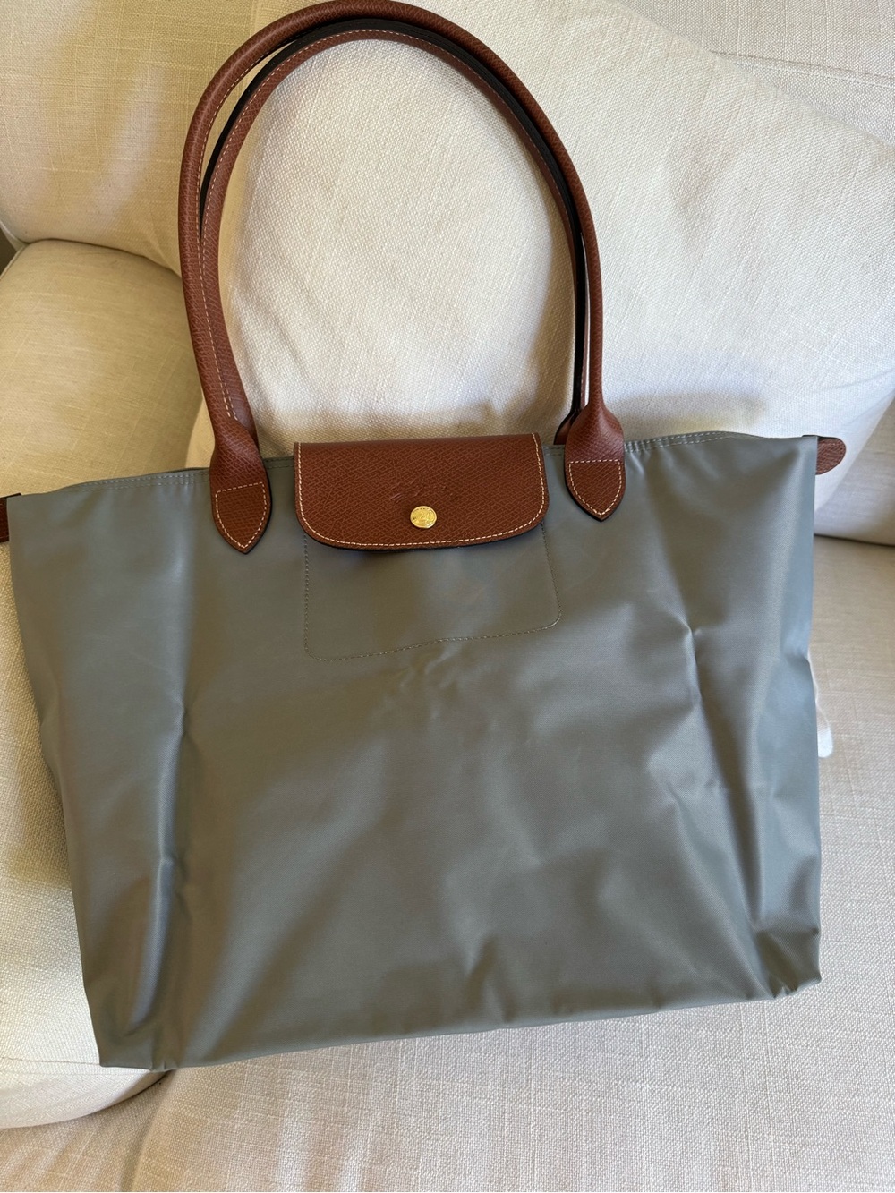 Longchamp Large Le Pliage Shoulder Tote Bag Steel Gray Brown Leather New